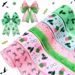 Hahafelt 30 Yards Halloween Witch Wired Edge Ribbon 2.5 in Fabric Pink and Green Witch Hat Bow Wired Edge Ribbon for Xmas Tree Decorations, Gift Wrapping DIY Bow Wreath Crafts Making, 5 Rolls