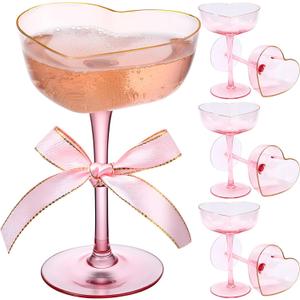 Pink Coupe Glasses Set of 6, Heart Shaped Martini Glasses with Golden Rim Fancy Cocktail Glassware Champagne Flutes for Valentine's Day Wedding Galantines Day