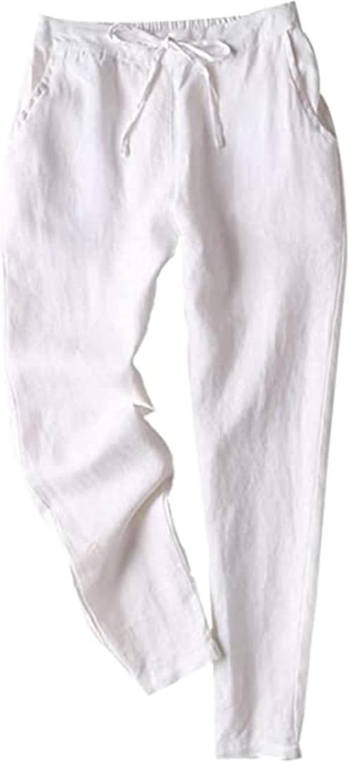 Tanming Linen Pants for Women Summer Casual High Waisted Drawstring White Beach Pant (X-Large)