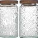 34 OZ Airtight Glass Storage Jar with Bamboo Lid - Vintage Glass Jar Vintage Food Containers Canisters Set for Kitchen Counter & Pantry - Ideal for Sugar, Flour, Coffee, Tea, Candy, Oats -2 Pack ((34oz)Sunflower+Begonia)