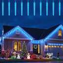 Christmas Icicle Lights Outdoor, 10Ft. Meteor Shower Lights with 10 Large Icecycles, Snowfall Shooting Star Light Effect, Falling Crystal Christmas Decorations for House Eave Roofline Patio, Blue