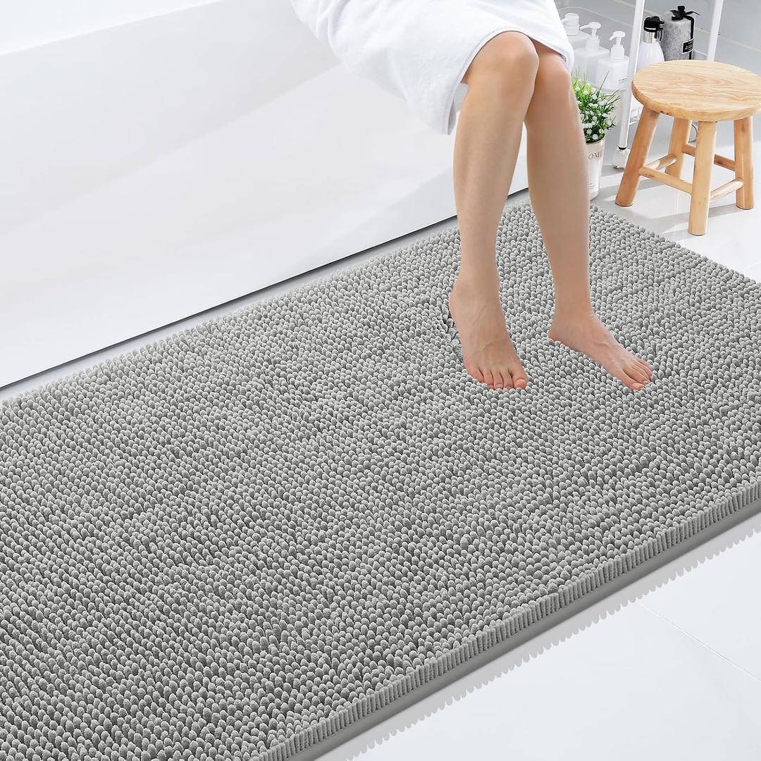 Smiry Luxury Chenille Bathroom Rugs 59x35, Extra Soft and Absorbent Shaggy Bath Mat, Machine Washable, Non-Slip Plush Carpet Runner for Tub, Shower, and Floor, Home Decor Accessories, Light Grey