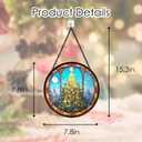 Stained Glass Window Hanging, Golden Glow Christmas Tree Round Sun Catchers Glass Panel Suncatcher Decor for Home, 7.8Inch. (020)