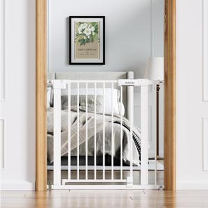 Babelio Baby Gate for Doorways and Stairs, 31-36" Pet Gate with Wide Walk Thru Door and Lock Indicator, No Drill Pressure Mounted Safety Gate with Double Lock and Self-Closing, White