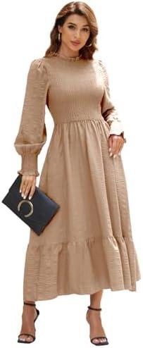 Ferrendo Women's 2025 Spring Fall Midi Dress Casual Long Sleeve Crew Neck Smocked Tiered Long Flowy Dresses with Pockets, Size M