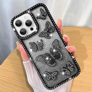 ZIYE Case Designed for iPhone 16 Pro Glitter Cases Luxury Plating Diamond Shiny Butterfly Clear Case with Raised Edge Camera Shockproof Cover for Women Girls-Black