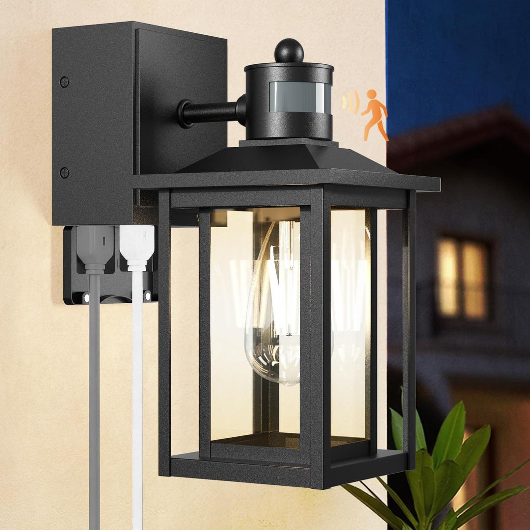 LTBLIGHT Motion Sensor Porch Lights with GFCI Outlet, Dusk to Dawn Outdoor Lighting with 3 Modes, Waterproof Exterior Light Fixture for House Front Door Garden Garage, 120V