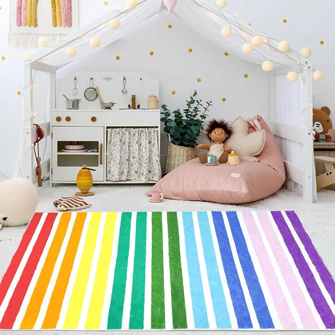 USTIDE Rainbow Area Rug Little Striped Rainbow Rug Non-Slip Machine Washable Rug Soft Carpet for Living Room Bedroom Classroom Dining Kindergarten Grils Room Home Decor, 4x6ft
