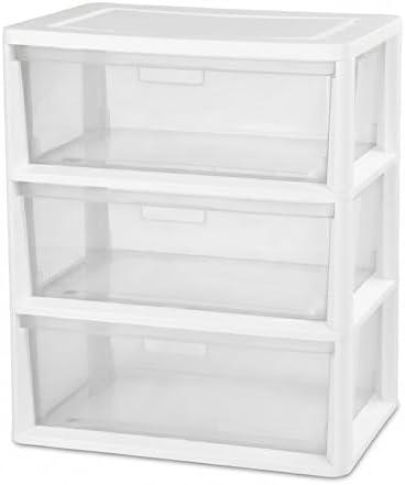 3 Drawer Storage Tower, Wide Plastic Floor Organizer with Clear Bins, White | Transparent plastic drawers, complete three-sided visibility, quick craft and office file sorting, sleek bedroom organizer