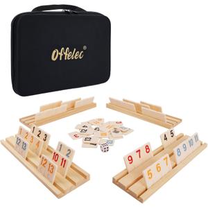 Upgraded Rummy Cube Game Set & 4 Wooden Racks, 106 Large Number Rummy Tiles and Portable Case, Classic Rummy Games for 2-4 Players, Travel & Family Board Game for Adults, Kids & Parties, Great Gifts