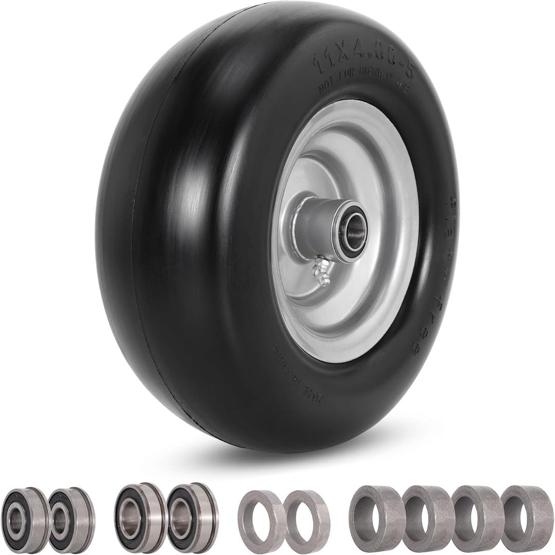 RUTU 11x4.00-5 Flat Free Tire and Wheel Assembly with 3/4" Precision bearings or 5/8" & 1/2",Replacement Tires 3.4"-4"-4.5"-5" Centered Hub,for Zero-Turn Lawn Mowers