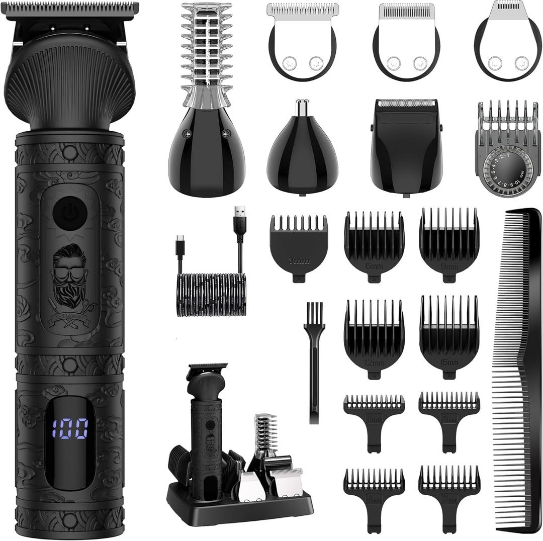 Beard Trimmer for Men Professional Mens Beard Grooming Kit T-Blade Trimmer Electric Shaver Razor Nose Body Trimmer Hair Cutting Kit Cordless 7 in 1 Black