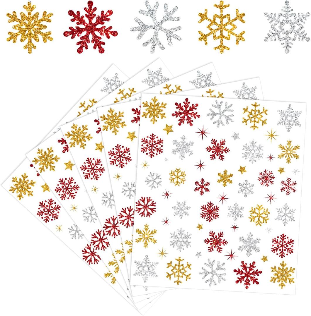 Whaline 330Pcs Winter Glitter Stickers Gold Silver Red Snowflake Decals Self Adhesive Stickers for Christmas Home Party DIY Crafts Supplies, 10 Sheets