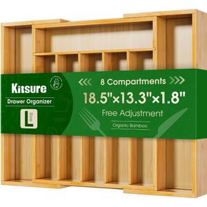 Kitsure Large Thickened Silverware Organizer - Expandable Bamboo Kitchen Drawer Organizer for Cooking Utensils and Cutlery, Sturdy Kitchen Organizers and Storage Solution, 18.5"13.3"1.8"