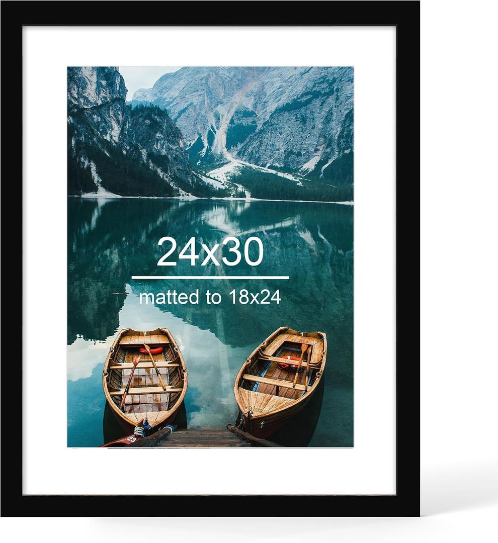 Hongkee 24x30 Frame, Black Wood Style - Display Posters 18 x 24 with Mat or 24x30 without Mat, Wall Mounting Horizontal and Vertical, 1 Pack