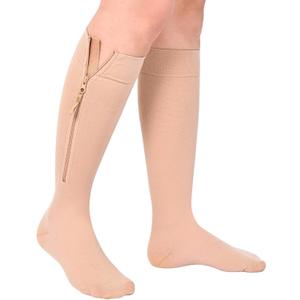 15-20 mmHg Zipper Compression Socks for Women & Men, Close Toe Medical Grade Compression Stockings Knee High, Zip Up Compression Socks for Varicose Veins, Edema, Pregnancy, 1 Pair, Beige 2XL