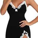 Aranmei Women Sexy Lace Chemise Nightgown Sleepwear V Neck Full Slip Babydoll Lingerie Sleep Dress Medium