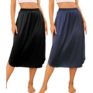 Wikoan 2 Pack Half Slip for Under Dresses Lace Long Satin Underskirt Women's Half Slip Anti Static Skirt Extender, Navy & Black, XL