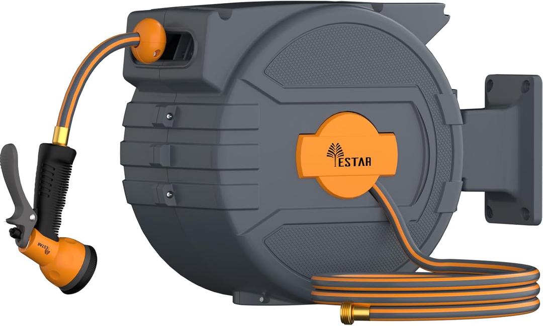 Retractable Garden Hose Reel 1/2 in x82 ft, Garden Water Hose Reel with 7- Function Sprayer Nozzle, Any Length Lock/Automatic Slow Return System,180 Swivel Bracket