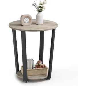 VASAGLE Round Side End Table, 2-Tier Accent Bedside Table with Storage Shelf, Easy Assembly, Nightstand for Small Spaces, Living Room, Bedroom, Heather Greige and Ink Black ULET057B02