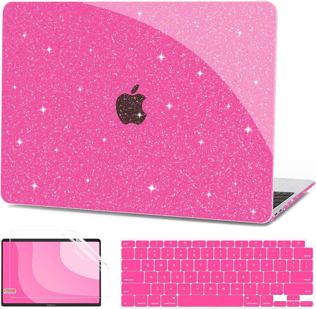 G JGOO Compatible with MacBook Air 13 inch Case 2022 2021 2020 2019 2018 Release M1 A2337 A2179 A1932 Touch ID, Glitter Plastic Hard Shell Case + Keyboard Cover + Screen Protector, Sparkly Hot Pink