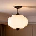 Bofea-Antique Milk Glass Semi Flush Mount Light,15" Black Schoolhouse Hanging Lights,Unique Vintage Pumpkin Pendant Light Fixtures,Indoor Art Deco Chandelier for Kitchen Hallway Dining Room