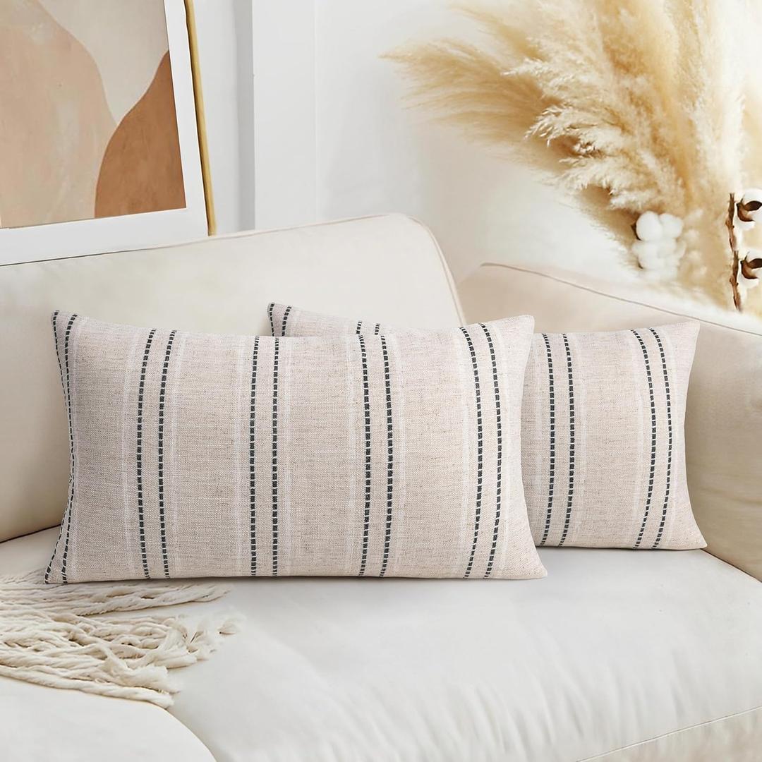 AELS 12x20 Decorative Farmhouse Linen Throw Pillow Covers, Boho Textured Pillow Case, Set of 2, Beige with White & Black Stitch Yarn Dyed Stripe Cushion Cover for Sofa Couch Living Room (Cover ONLY)