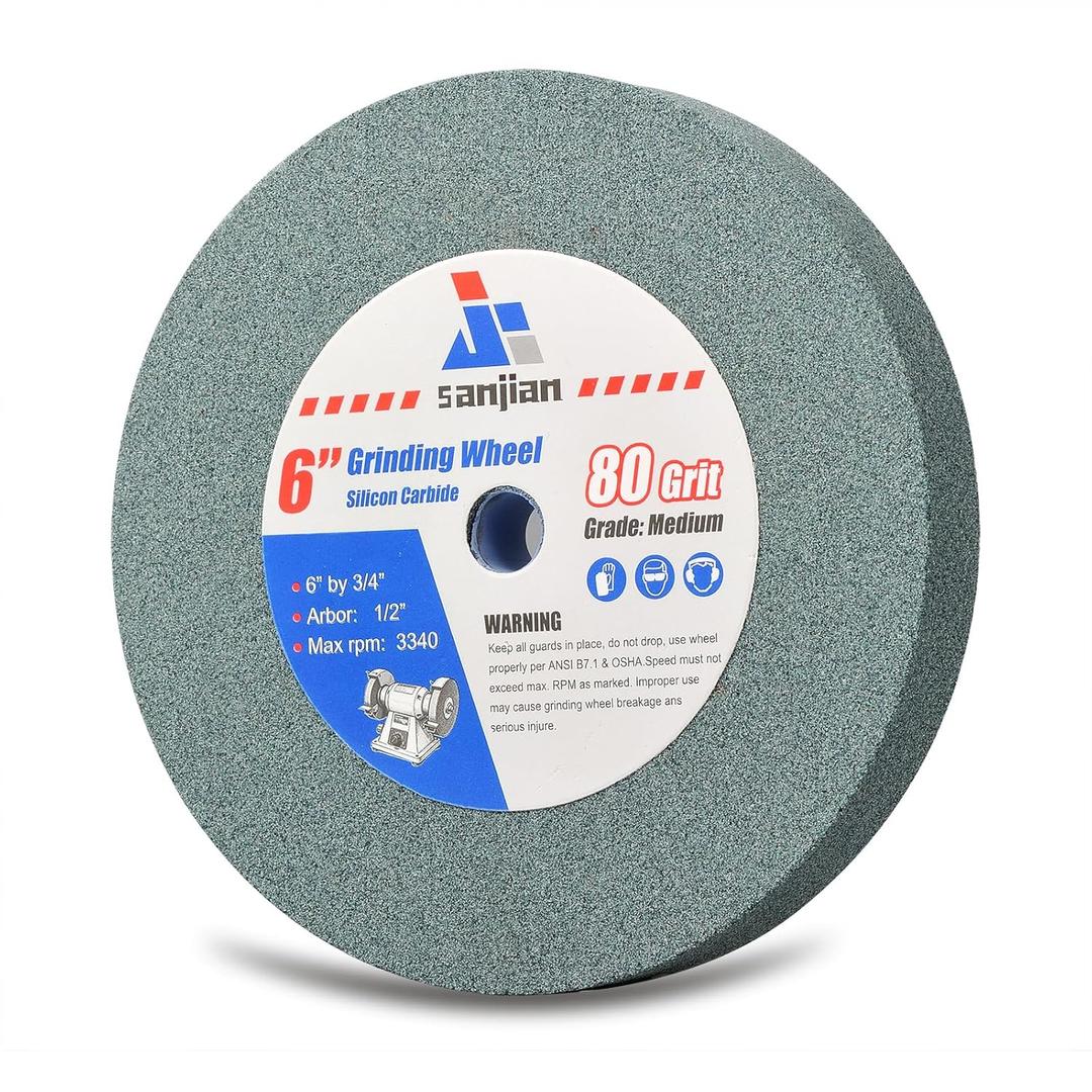 6 Inch Bench Grinder Wheel 80 Grit, Silicon Carbide 6 Grinding Wheels for Bench Pedestal Grinder, 3/4" Thick 1/2" Arbor, Medium Hardness for Grinding Materials, Sharpening Shaping Metal Tools