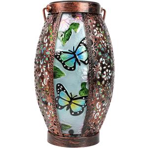 Butterfly Solar Lanterns Glass & Metal Hanging Lantern Outdoor Waterproof 16" H Tabletop Light with Hollowed-Out Design for Garden Patio Table Decor Mother's Day Gift