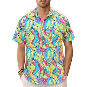 GSOU SNOW Mens Hawaiian Shirt Quick Dry Short Sleeve Tropiacl Floral Button Down Shirts for Beach Summer Vacation (L)