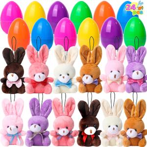 JOYIN 24 Pcs Filled Easter Eggs Plush Toy, Bright Colorful Eggs Prefilled with Variety Plush Bunnies for Kids Toddlers, Easter Basket Stuffers and Party Favors