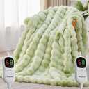 Heated Blanket Throw with 1/2/4/6/8 Hours Auto-Off 10 Heat Level, 90'' * 100'' Cozy Faux Rabbit Fur Bubble Electric Blanket with Overheat Protection(Tie-Dye Green)