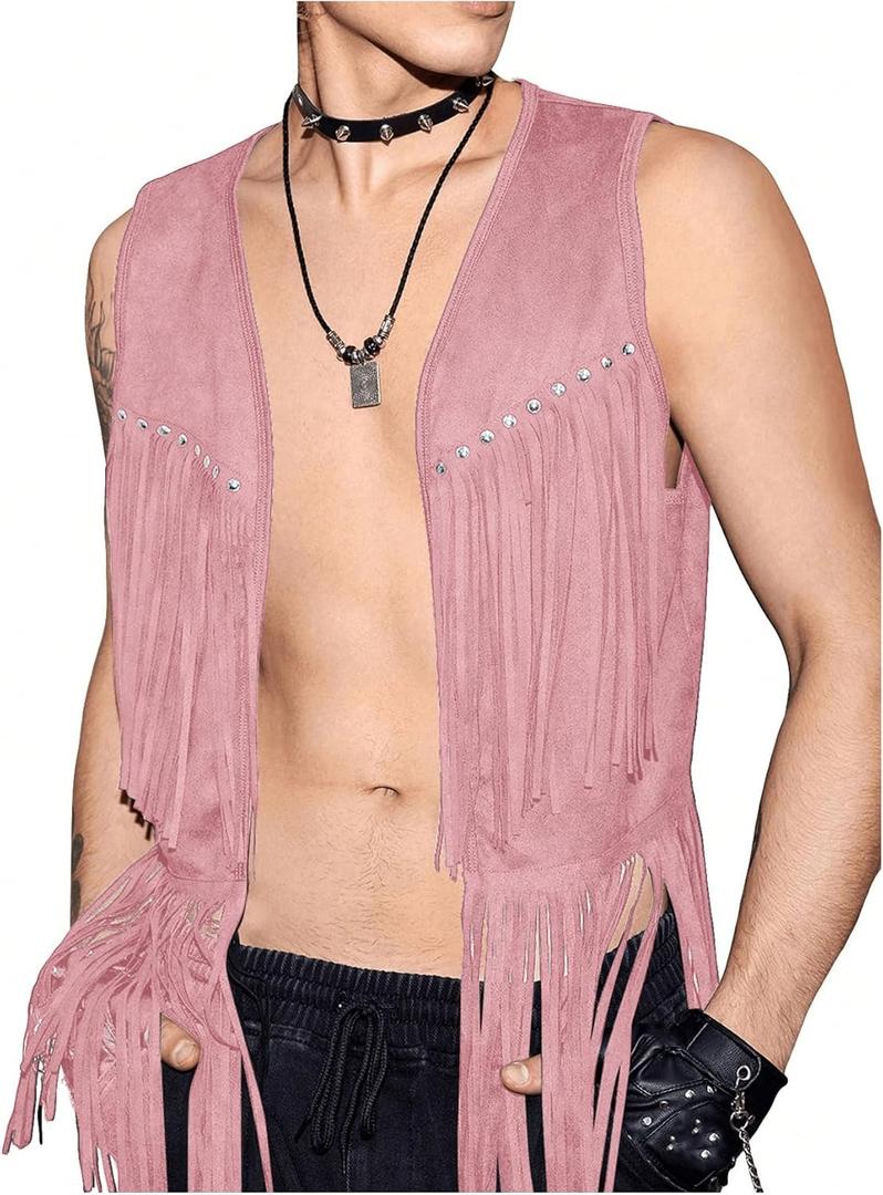 Verdusa Men's Sleeveless V Neck Studded Detail Fringe Trim Open Front Vest Jacket (X-Large, Pink)