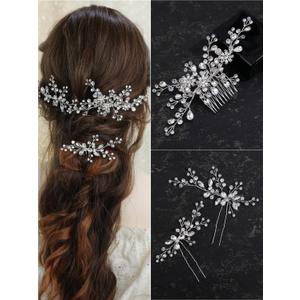 Hair Comb - Brides Rhinestone Flowers Hair Pins Bridal Wedding Hair Accessories Hair Piece Jewelry Headpiece for Brides Women and Girls Proms (3PCS, Silver+Silver)