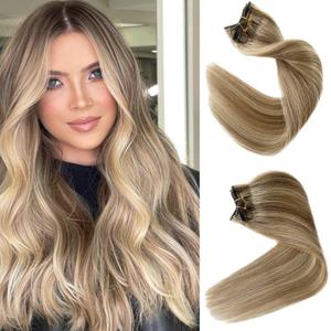 Hair Extensions Real Human Hair, Clip in Human Hair Extensions Light Blonde and Golden 18Inch Remy Hair Extensions Highlights Clip on Extensions 7 Pieces 70Gram