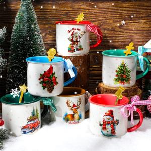 Baderke 6 Set Christmas Coffee Mugs and Spoons 11 oz Christmas Ceramic Mugs with Ribbon Santa Winter Hot Cocoa Snowflake Cup for Xmas Decorations Gift(Artistic)