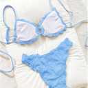 RoseSeek Women's Two Piece Textured Bikini Set Ring Linked Triangle Bathing Suit Tie Back Cheeky Swimsuit (Blue, S)