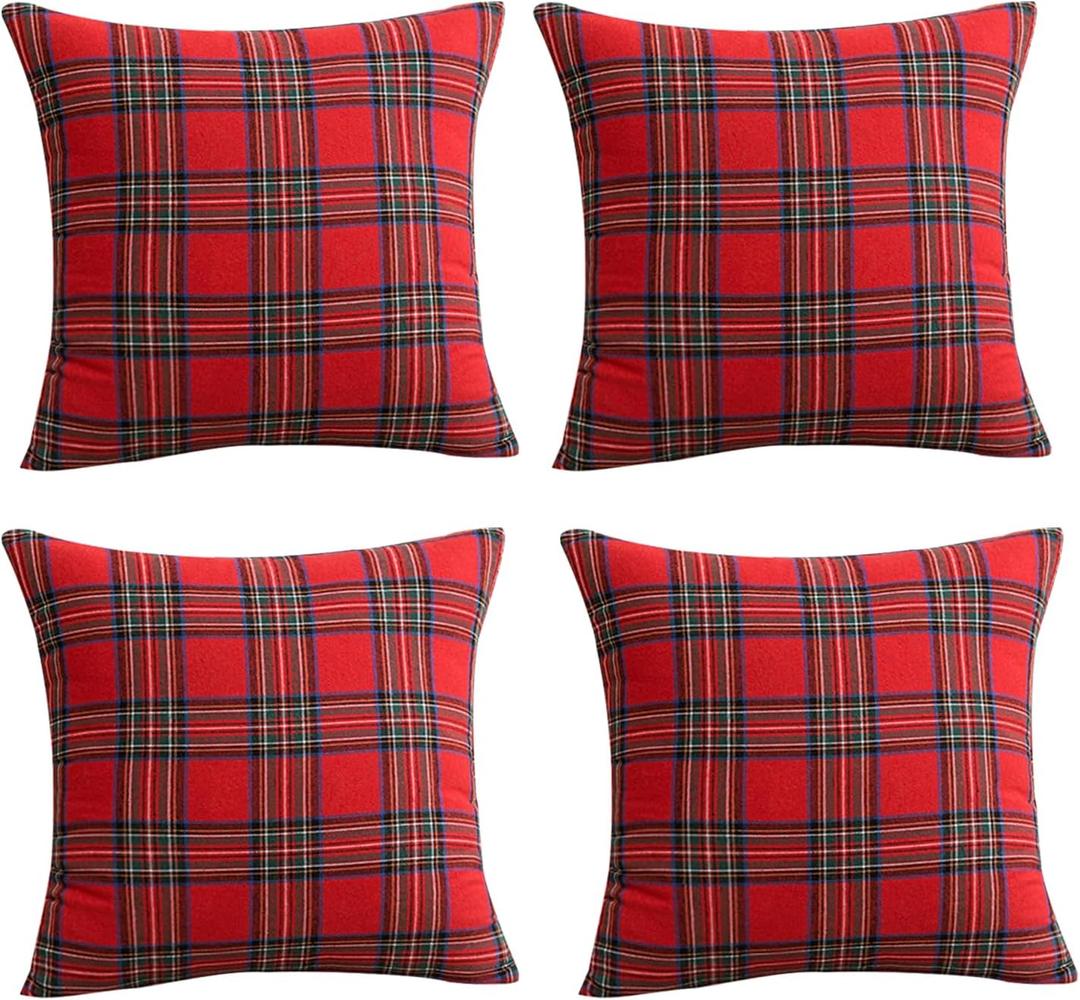 Softalker Christmas Pillow Cover 16x16 Set of 4 - Red Tartan Checkered Throw Pillow Cover, Farmhouse Buffalo Plaid Xmas Decorative Cushion Case for Couch Sofa, Christmas Holiday Decor