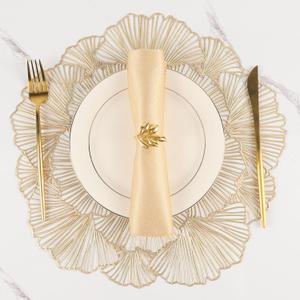 Round Placemats Pressed Vinyl Metallic Flower Place Mats Set of 6 Heat Resistant Dining Table Mats Gold Placemat for Wedding Party Kitchen Decorations (Ginkgo Leaf Gold)