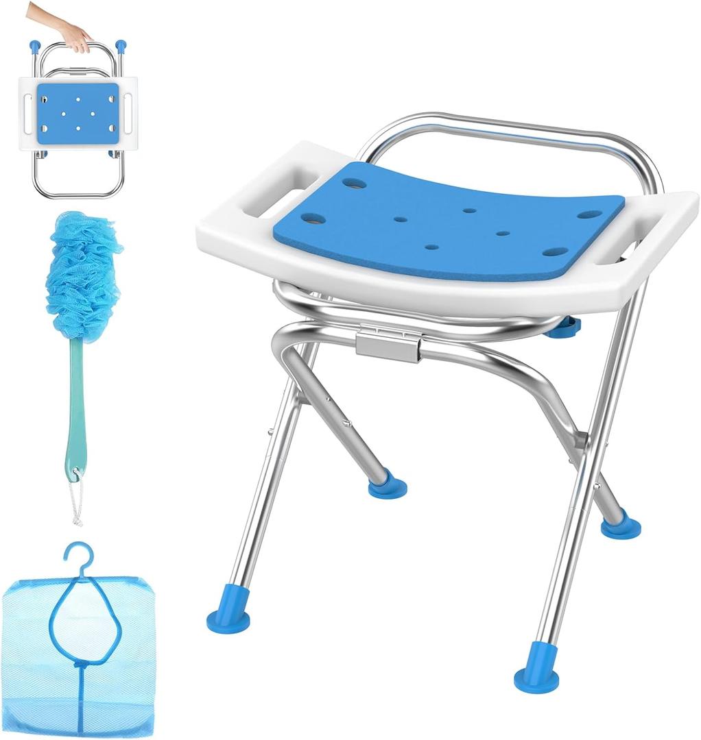Folding Shower Chair Seat, 17.5" Stainless Steel Small Shower Chair for Inside Shower, 400lbs Portable Travel Shower Stool, Safety Anti-Slip Bath Chair for Seniors, Disabled, White