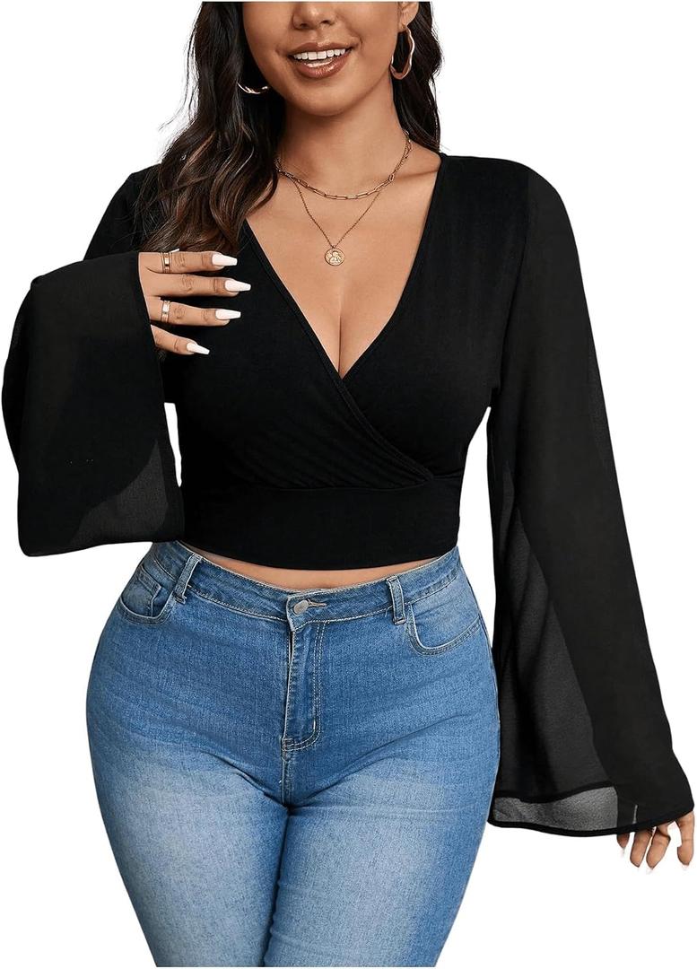 MakeMeChic Women's Plus Size Crop Top Bell Sleeve Top V Neck Wrap Blouse Party Going Out Tops (Black, XXXL)