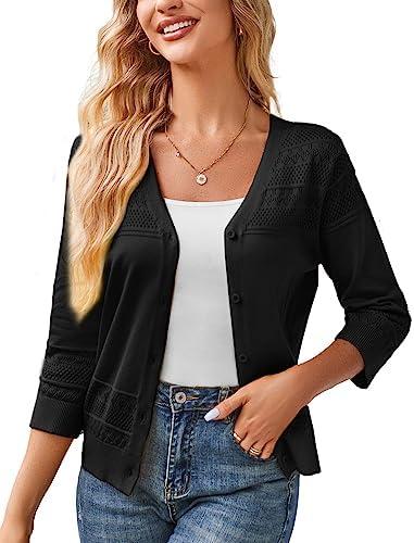 GRACE KARIN Women's 2025 Cropped Cardigan 3/4 Sleeve Lightweight Crochet Shrug Hollowed-Out Knit Sweater Tops XL