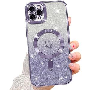 NITITOP Compatible with iPhone 12 Pro Case Cute Clear Glitter [Compatible for MagSafe] Plating Heart Sparkle Bling Magnetic Girl Women Electroplated Frame Camera Protection Back Cover - Purple