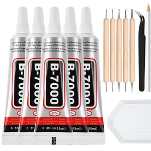 B7000 Clear Adhesive with Precision Tips, 5 PCS B-7000 Jewelry Bead Glue for Diamond Rhinestone Applicator Tools Set - Strength Adhesive for Nail Art DIY Crafts Clothes Shoes Bags