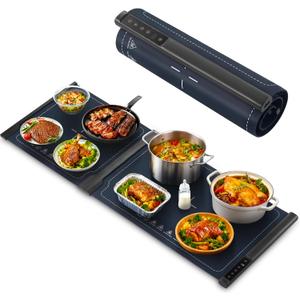 Food Warming Mat - 42" x 16" Extra Long Fast Heat Up Food Warmer with 7 Level Temp & 4 Hour Timer Function, Portable & Rollable Warming Tray Mat for Buffets Party and Home (Dark Blue)