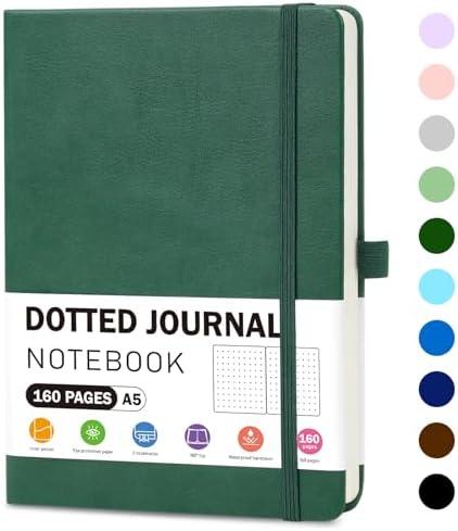 Pack of 2 EOOUT Dotted Journal Notebook for Women Men, 5.7'' X 8.3'' 160 Pages 100gsm Paper Dark Green Leather Hardcover Notebooks, A5 College Dotted with Pen Loop Notebook for Student, Office, School