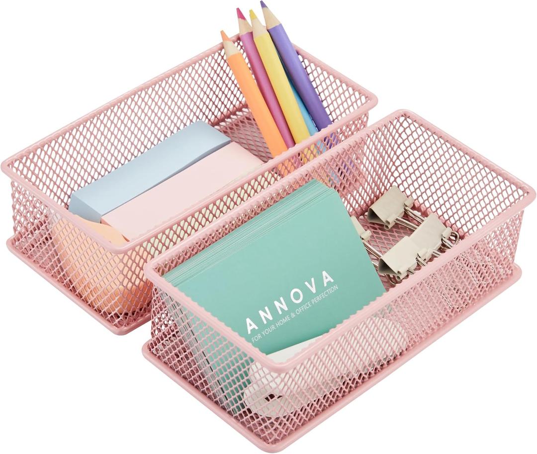 Annova Mesh Stackable Drawer Cabinet and Shelf Organizer Bins Storage Basket School Office Supply Holder Tray- Set of 2 (Light Pink, 3x6x2 Inch)
