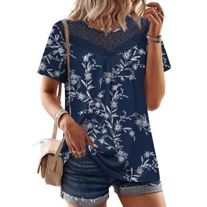 WIHOLL Womens Tops Trendy Short Sleeve T Shirts Spring Summer Tops Business Casual Outfits Work Blouses Office Navy Blue Floral M (Blue, M)