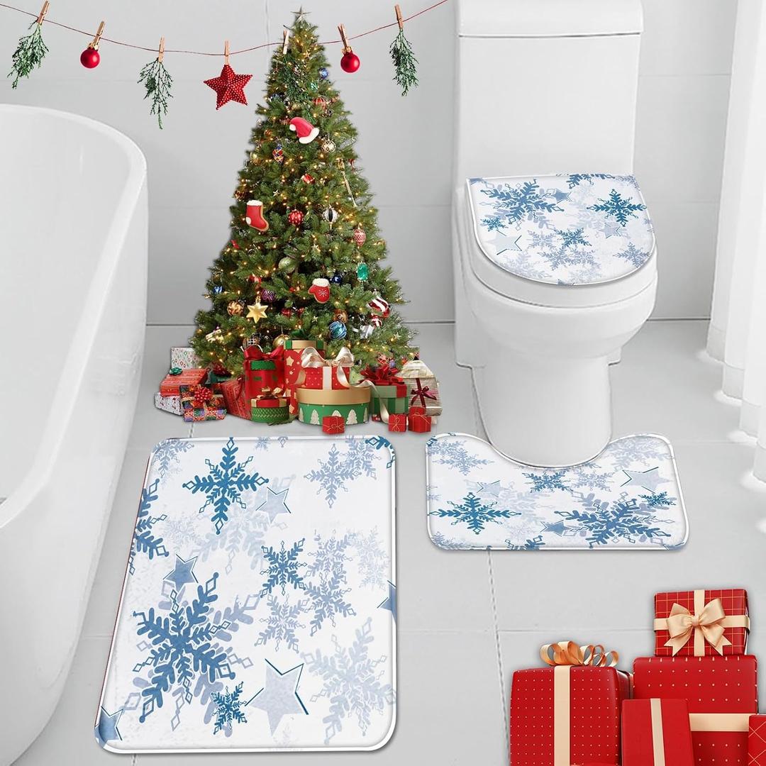 Arttown Christmas Bathroom Rug Set of 3, Winter Blue Dream Snowflake 3 Pieces Bath Mats Set, No Silp Washable Cover Floor Rug Decorations for Kitchen Bathroom Bedroom (Medium)