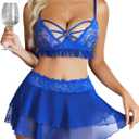 Avidlove Lingerie for Women Naughty Lace Bralette and Mini Skirt 3 Piece Lingerie Set Rave Outfits S-XXL (Royal Blue)